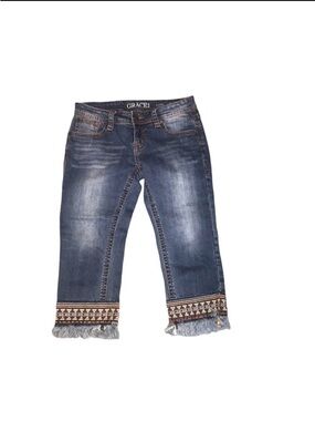 Grace in LA Dark Blue Embroidered Cropped Jeans with Frayed Hem